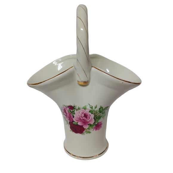 Formalities Style Ceramic Basket Vase Red Pink Rose Handle Gold Accent Decor VTG - Picture 3 of 15